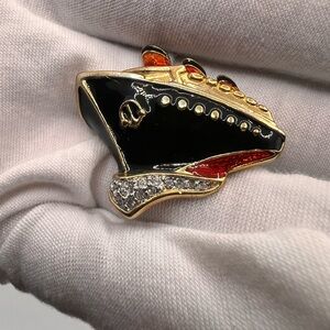 Vintage Black and Gold Ship Brooch with rhinestones and enamel